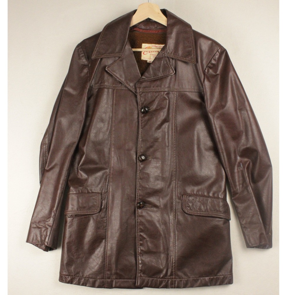 Vintage 70s Excelled Brown Leather Car Coat Mens 36 USA Pile Lined Jacket